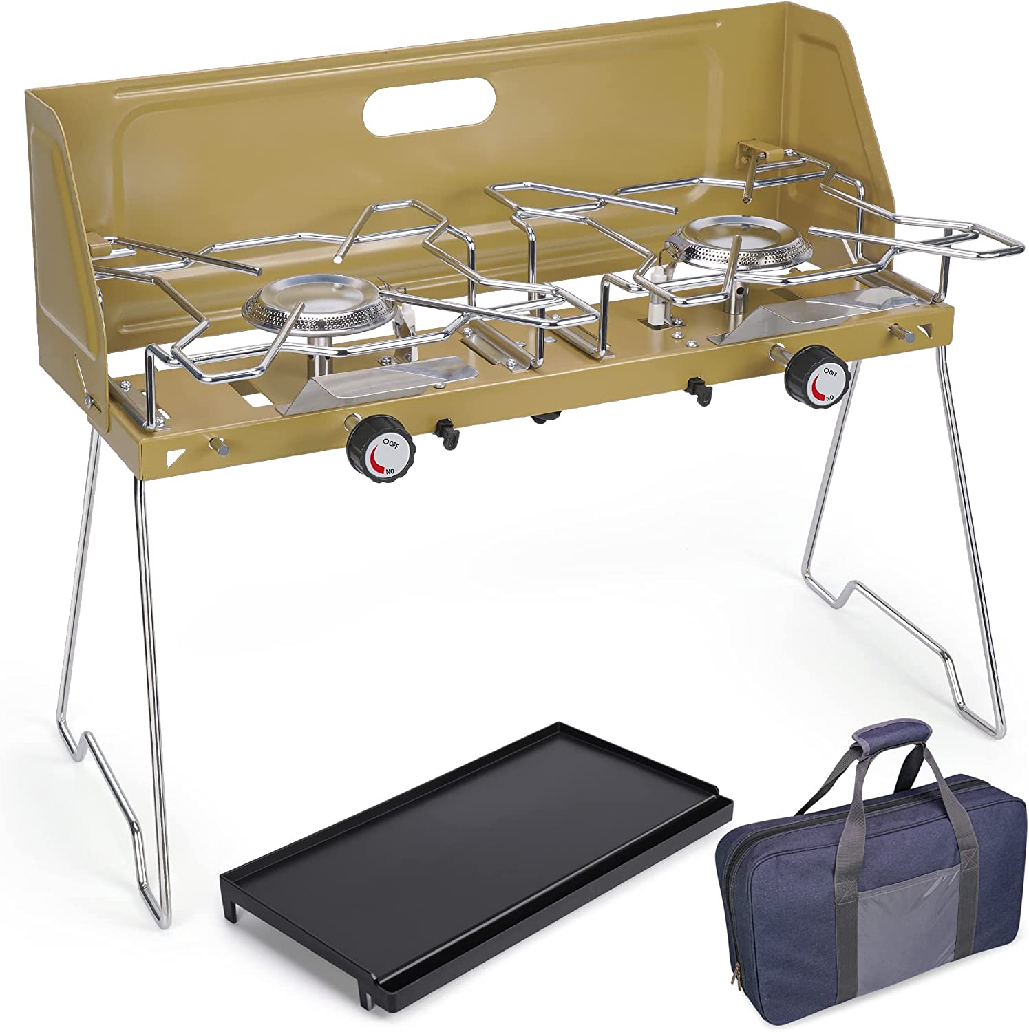 Folding 2 Burner Propane Camping Stove & Grill Griddle,Outdoor Grills/Gas Grills/Propane Grills, Butane Fuel Adapter and Carrying Case Included