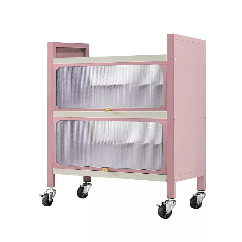 2 Door Accent Cabinet， 3 Tier Kitchen Organizer Shelf， Pink