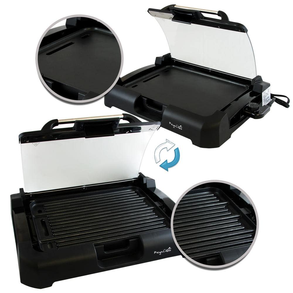 MegaChef 165 sq. in. Black Reversible Indoor Grill and Griddle with Removable Lid 985101713M