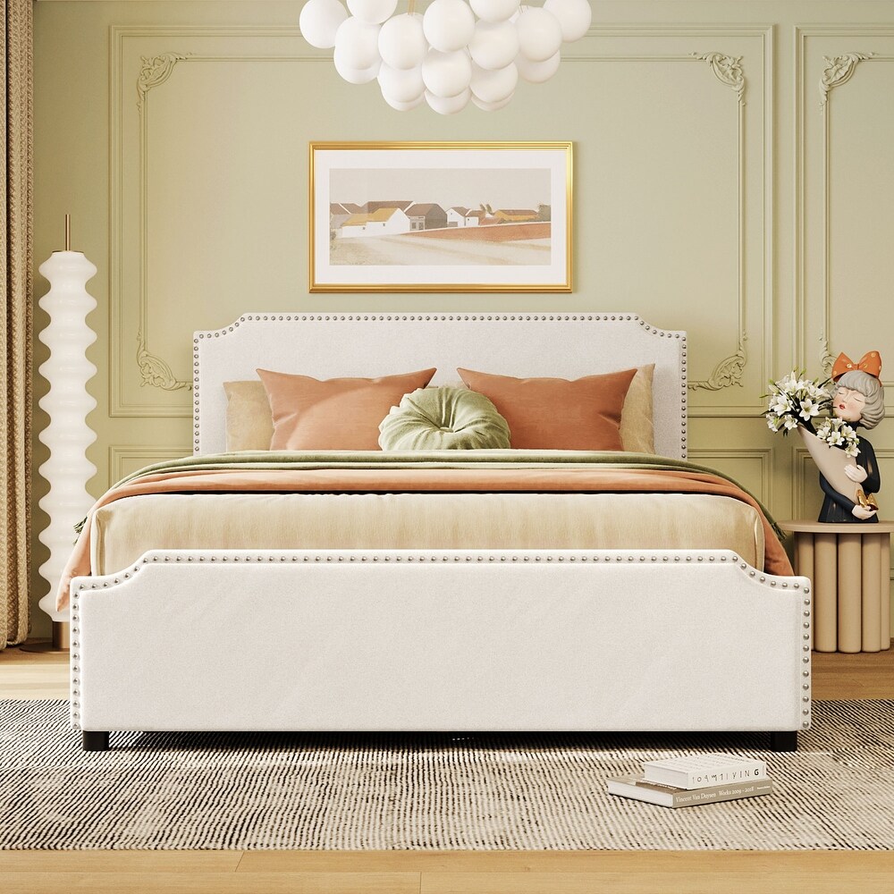 Velvet Queen Bed with 4 Drawers  Deluxe Upholstered Platform Bed w/Stud Trim Headboard   Footboard  No Box Spring Needed  Beige