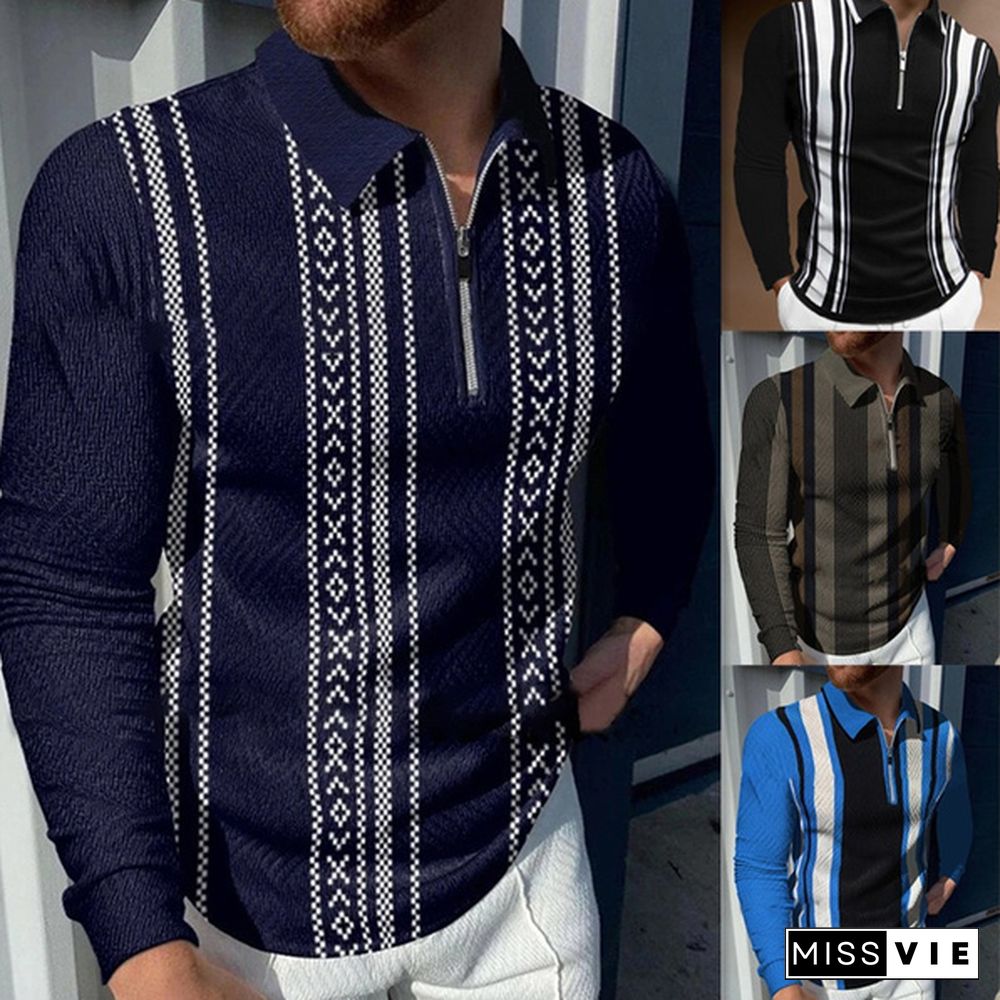 Fashion Men's Lapel Polo Shirt Striped Print T-shirt Casual Zip Long Sleeve T-Shirt