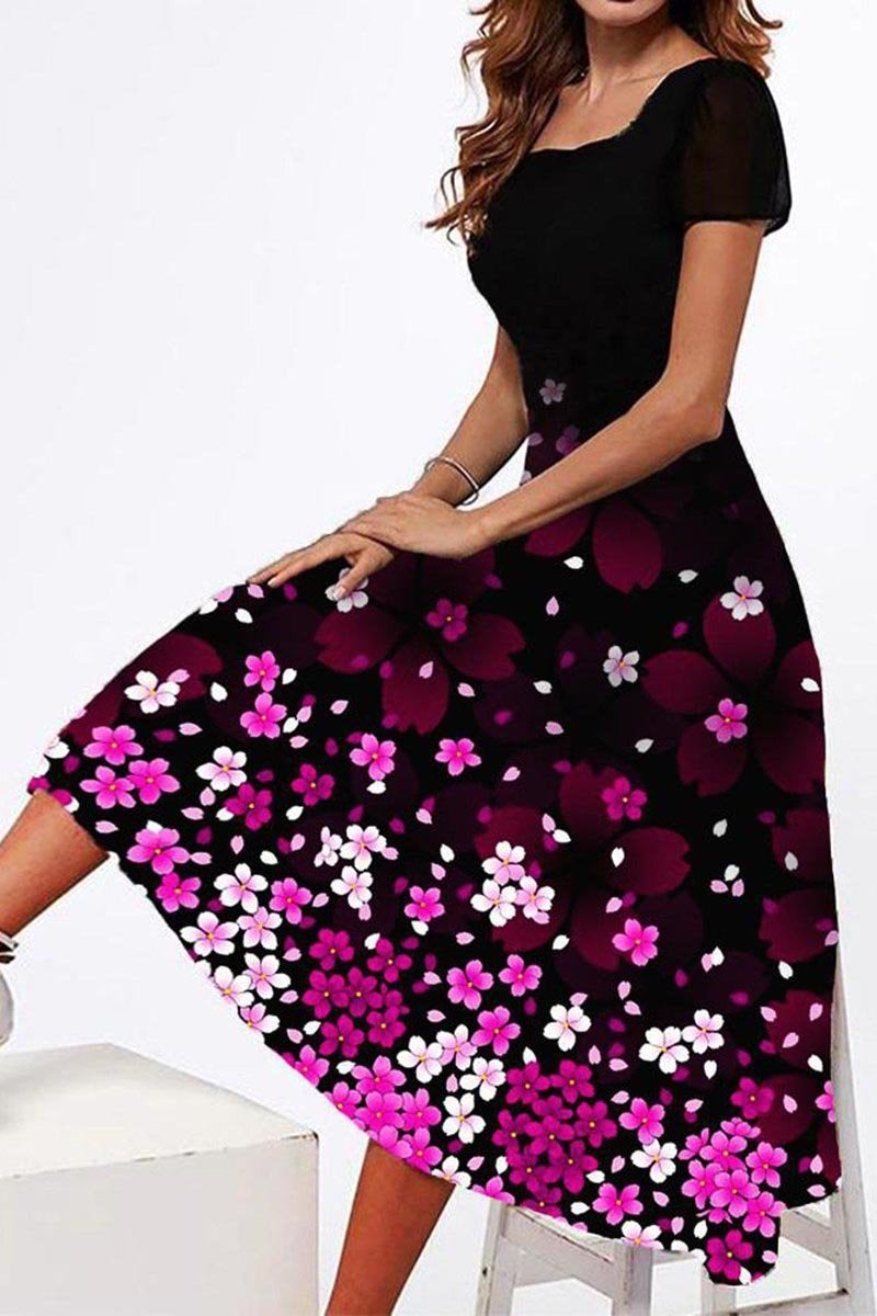 Plus Size Floral Square Neckline Short Sleeve A-line Midi Dress