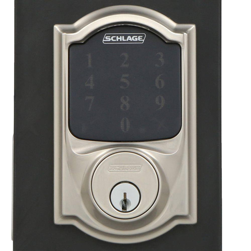 Schlage Camelot Satin Nickel Connect Z-Wave Plus Smart Wifi Deadbolt Door Lock and Accent Handle Handleset with Camelot Trim BE469ZPVCAM619FE285GCAM619ACCCAM