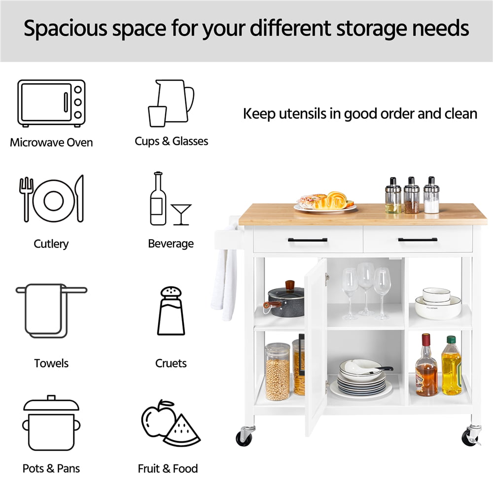 Topeakmart Mobile Kitchen Cart with Bamboo Top Kitchen Island on Wheels with Cabinet and Drawers and Towel Bar White