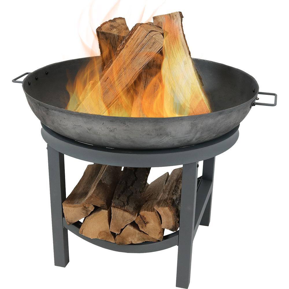 Sunnydaze Decor 35 in. W x 24 in. H Round Cast-Iron Wood Burning Fire Pit with Built-in Log Rack RCM-LG802