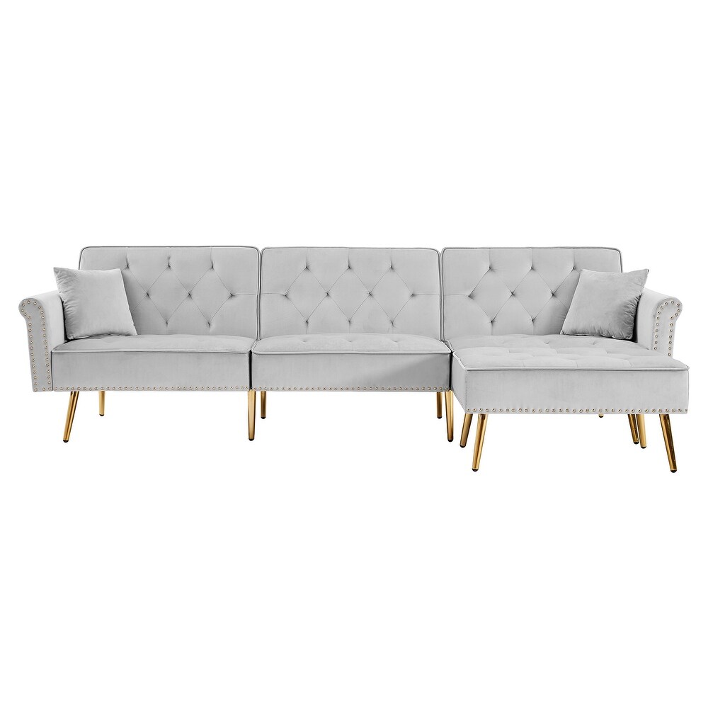 Modern Velvet Upholstered Sectional Sofa Bed  L Shaped Reversible 3 Seat Couch with Movable Ottoman   Nailhead Trim