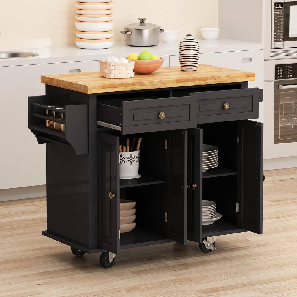 Black MDF Wood 43.31 in. W Kitchen Island Cart with 2-Storage Cabinets and 2-Locking Wheels cartjinx2