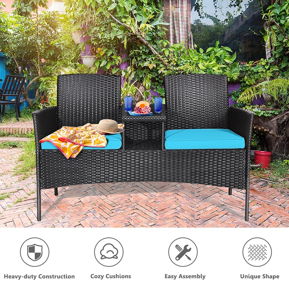 Gymax Rattan Wicker Patio Conversation Set w/ Table Turquoise Cushion   54.5'' x 24'' x 33.5'' (L x W x H)