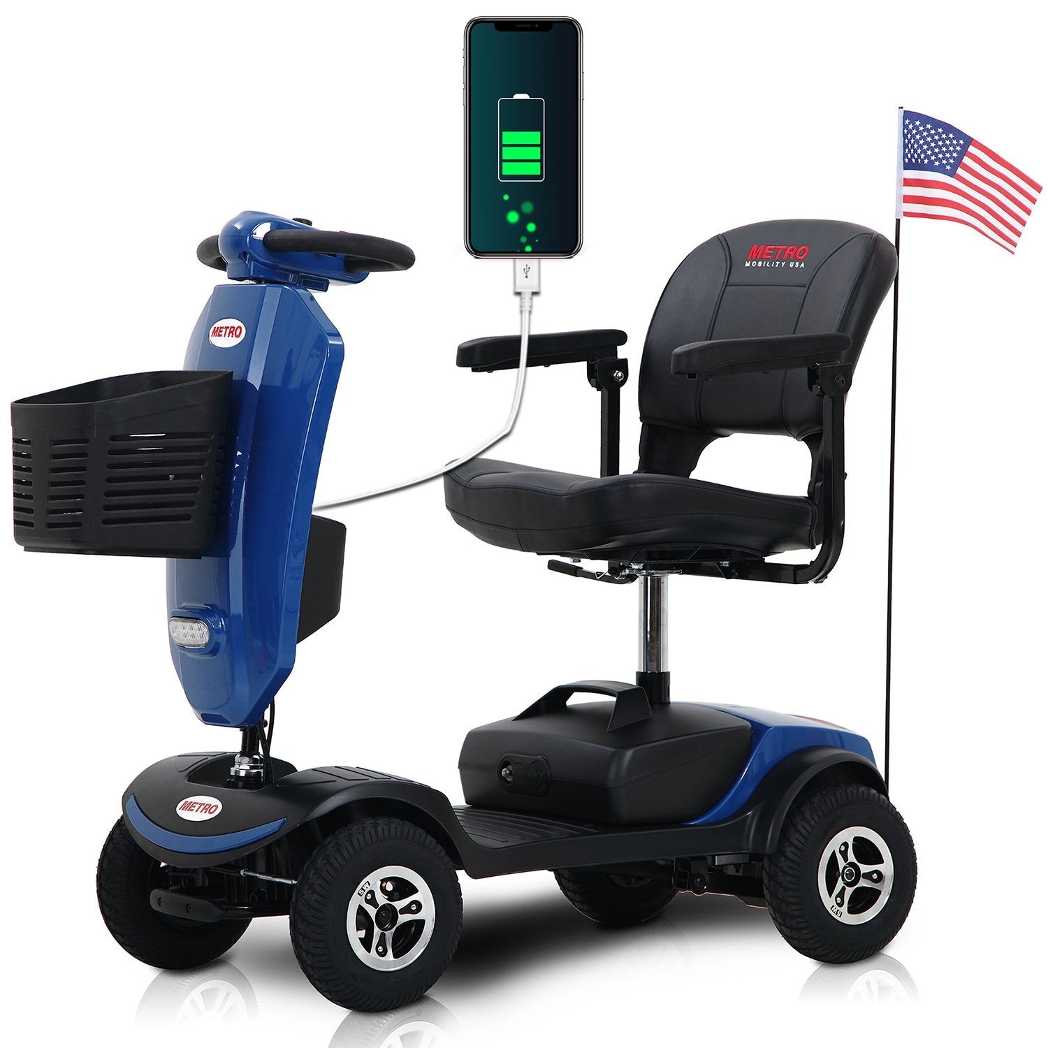 Folding 4 Wheels Mobility Scooter with USB Charging Port, Windshield, LED Head and Rear Light - Blue