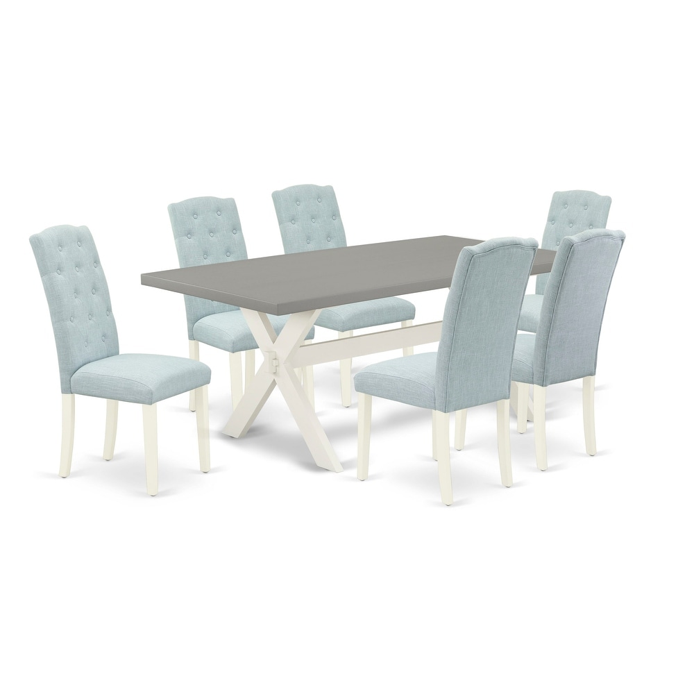 East West Furniture Dining Table Set  a Dining Table and Baby Blue Linen Fabric Upholstered Chairs  Linen White(Pieces Options)