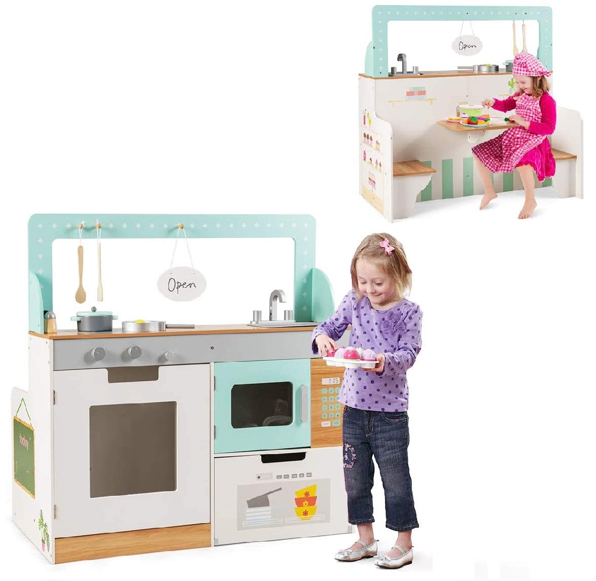 Costzon 2 in 1 Kids Play Kitchen and Restaurant, Double Sided Wooden Pretend Cooking Playset with Sink