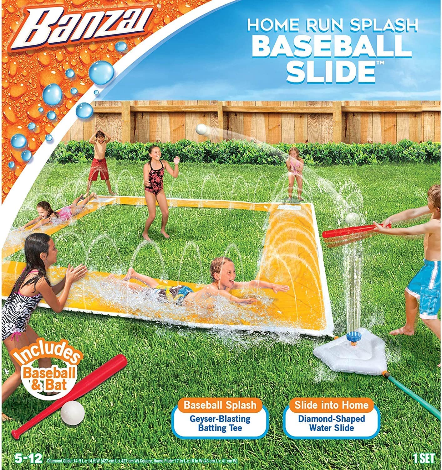 BANZAI Home Run Splash Baseball Slide， Length: 14 ft， Width: 14 ft， Inflatable Outdoor Backyard Water Slide Splash Toy， Baseball Bat and Ball Included， Slide