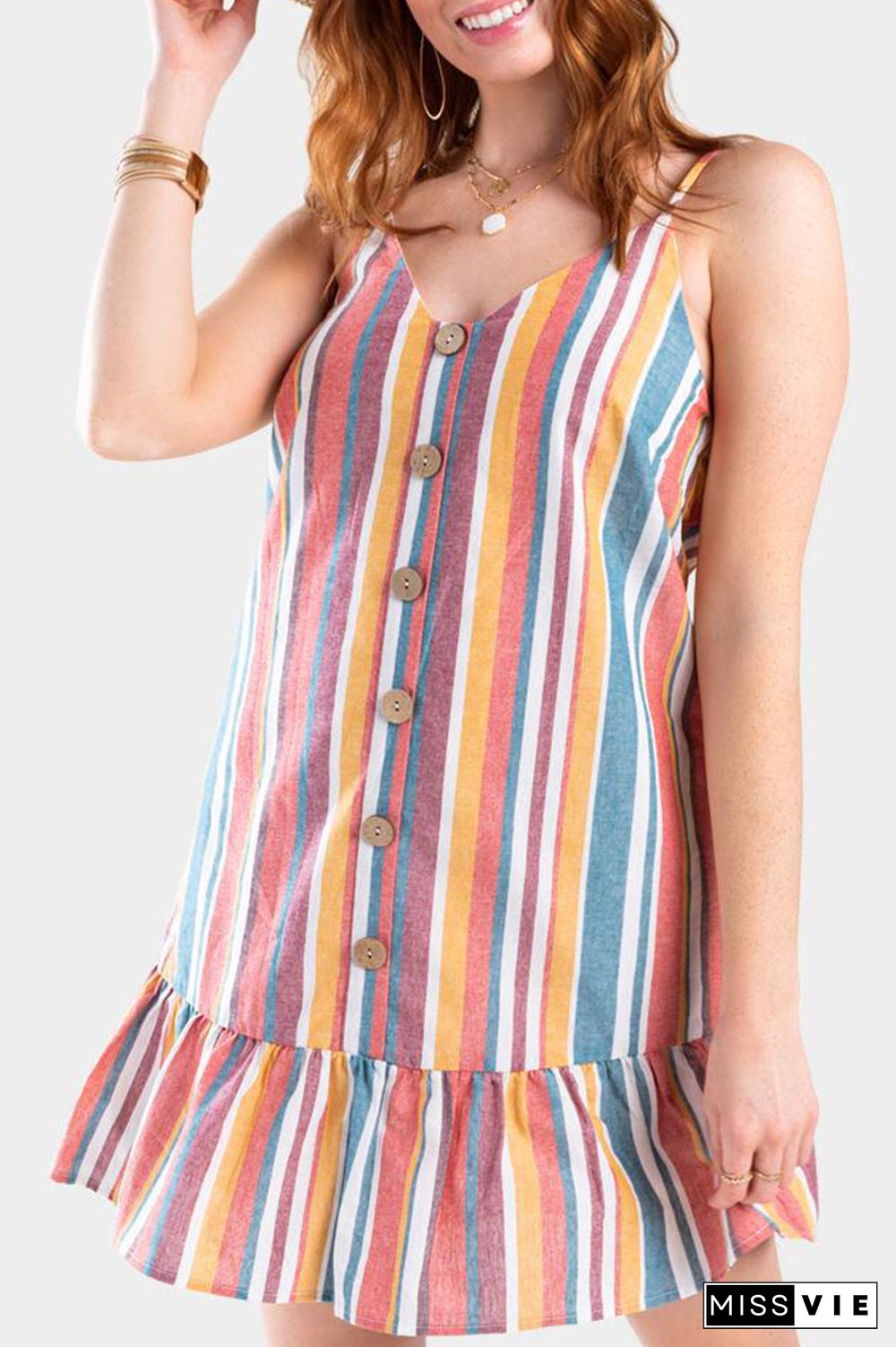 Fashion Casual Striped Buckle Flounce V Neck A Line Dresses