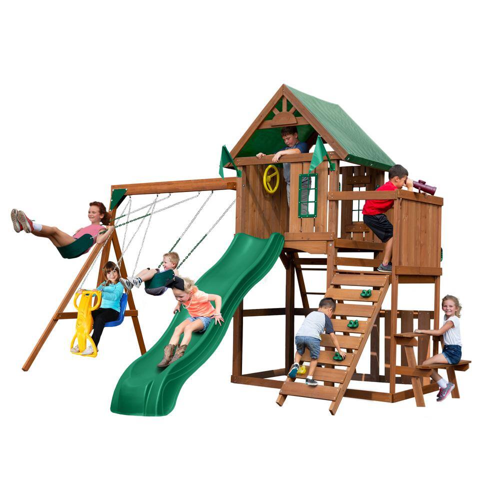 Swing-N-Slide Playsets Knightsbridge Complete Wooden Outdoor Playset with Rock Wall Wave Slide Tarp Roof and Swing Set Accessories PB 9241-1