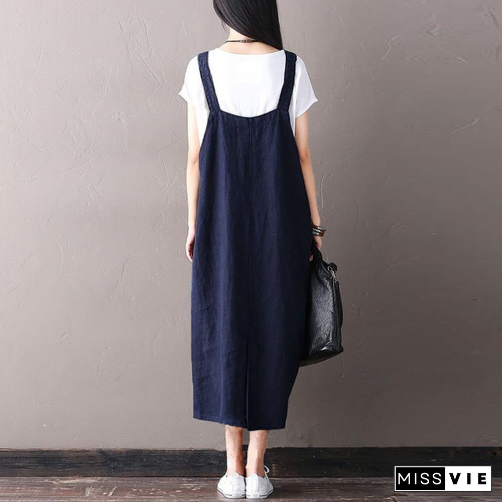 Women Sleeveless Suspender Skirt Casual Pinafores Dungaree Dress Tank Dress Plus