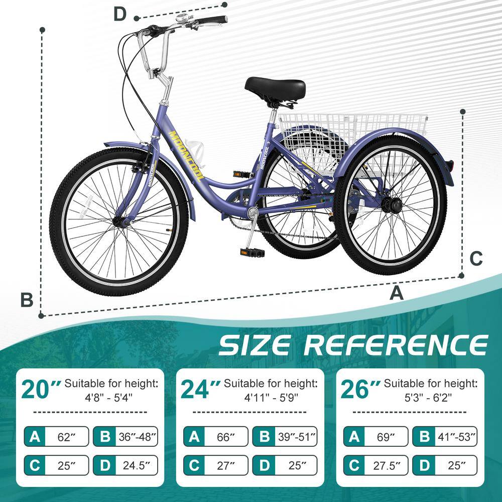 BOZTIY 24 in. Adult Tricycle 7-Speed 3 Wheel Bike Adult Tricycle Trike Cruise Bike Large Size Basket for Recreation Shopping X-P24-ZSHT