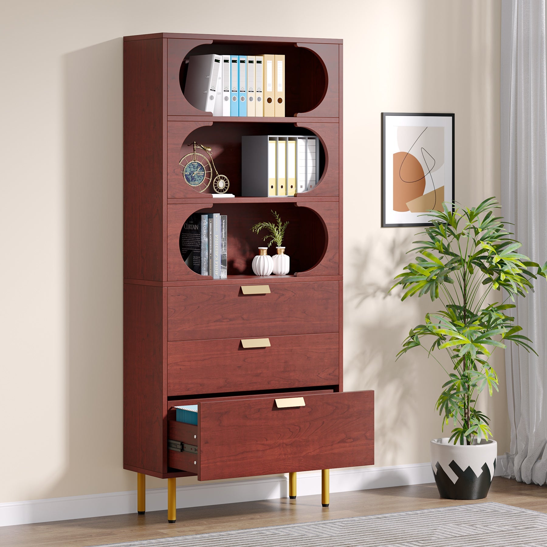 3-Drawer File Cabinet, Freestanding Filing Cabinet with Open Storage Shelves