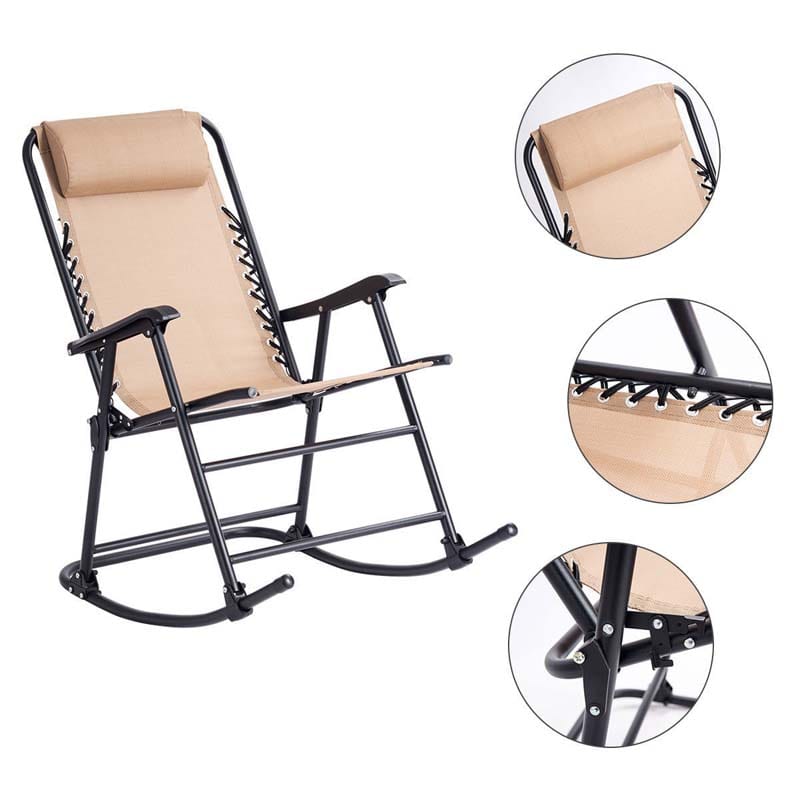 Patio Folding Zero Gravity Rocking Chair Outdoor Beach Camping Chair with Pillow & Armrests