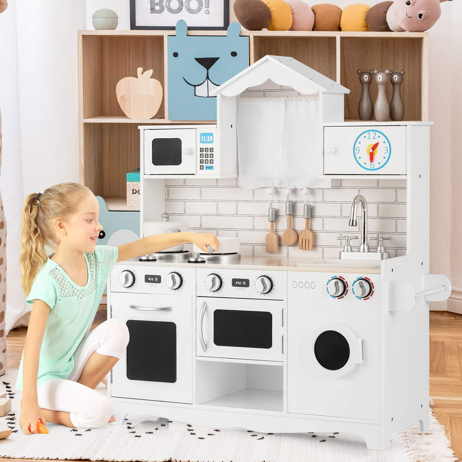 Costzon Kids Kitchen Playset, Wooden Pretend Play Toys w/ Washing Machine (White)