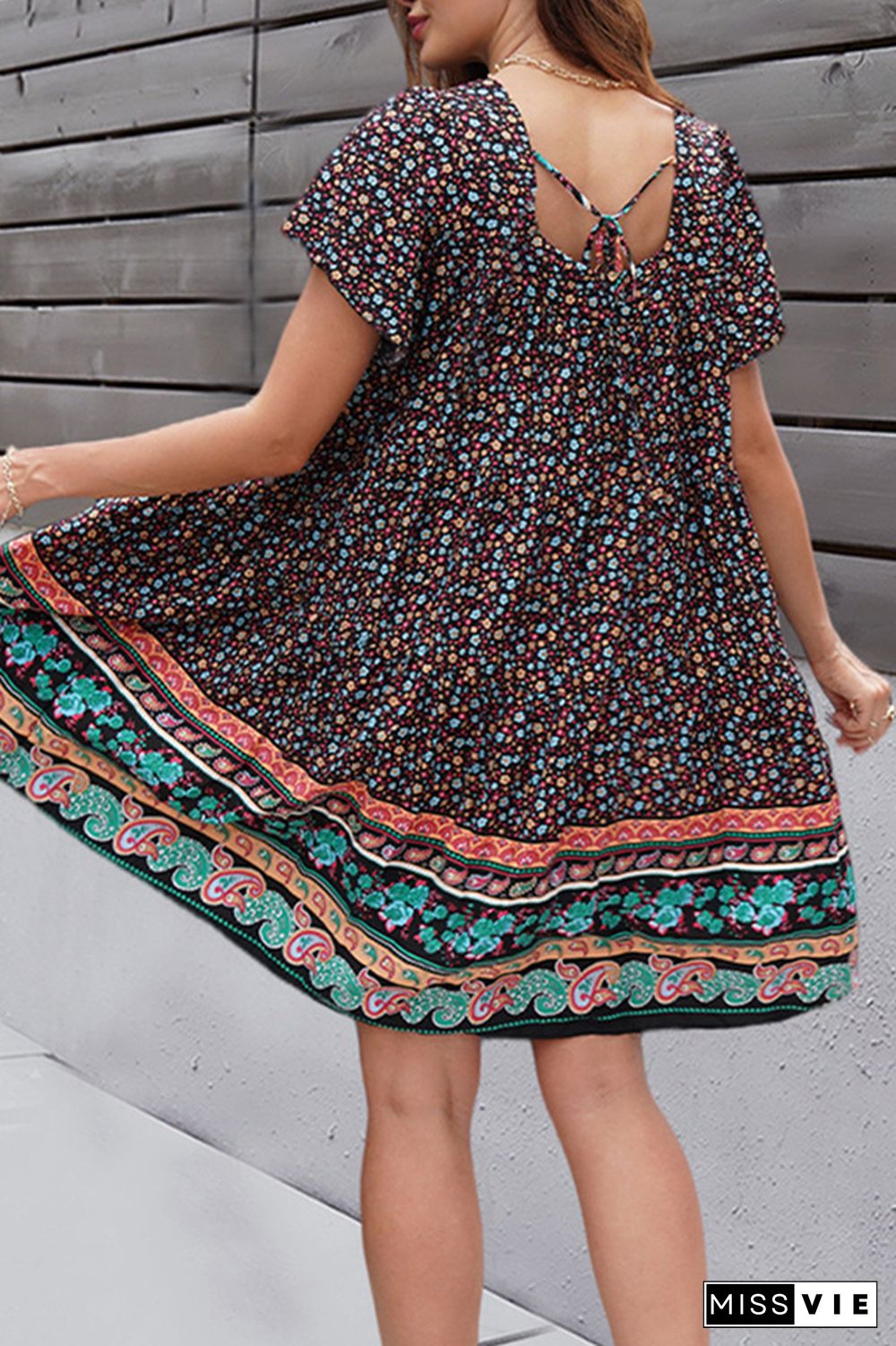 Vintage Print Square Collar Short Sleeve Midi Dress Wholesale