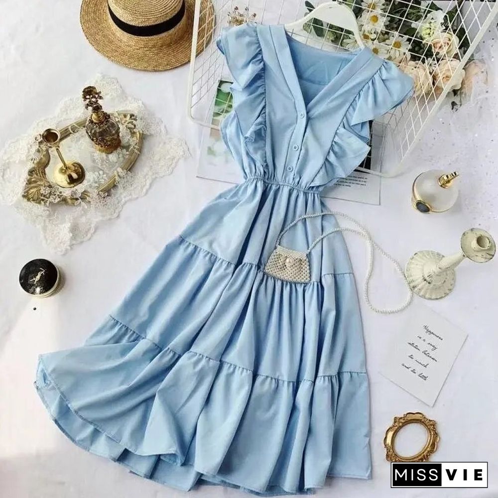 Fashion Flounced Edge V-Neck Summer Dress Women Casual Korean Solid Sleeveless High Waist Elegant Elastic A-Line Vintage Dress