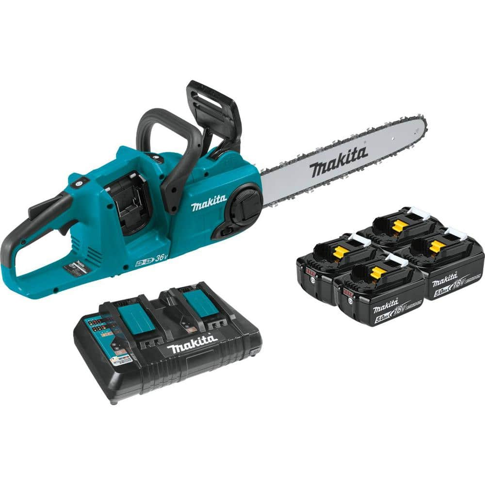 Makita 18-Volt X2 (36-Volt) LXT Lithium-Ion Brushless Battery 16 in. Chain Saw Kit with 4 Batteries (5.0 Ah) XCU04PT1