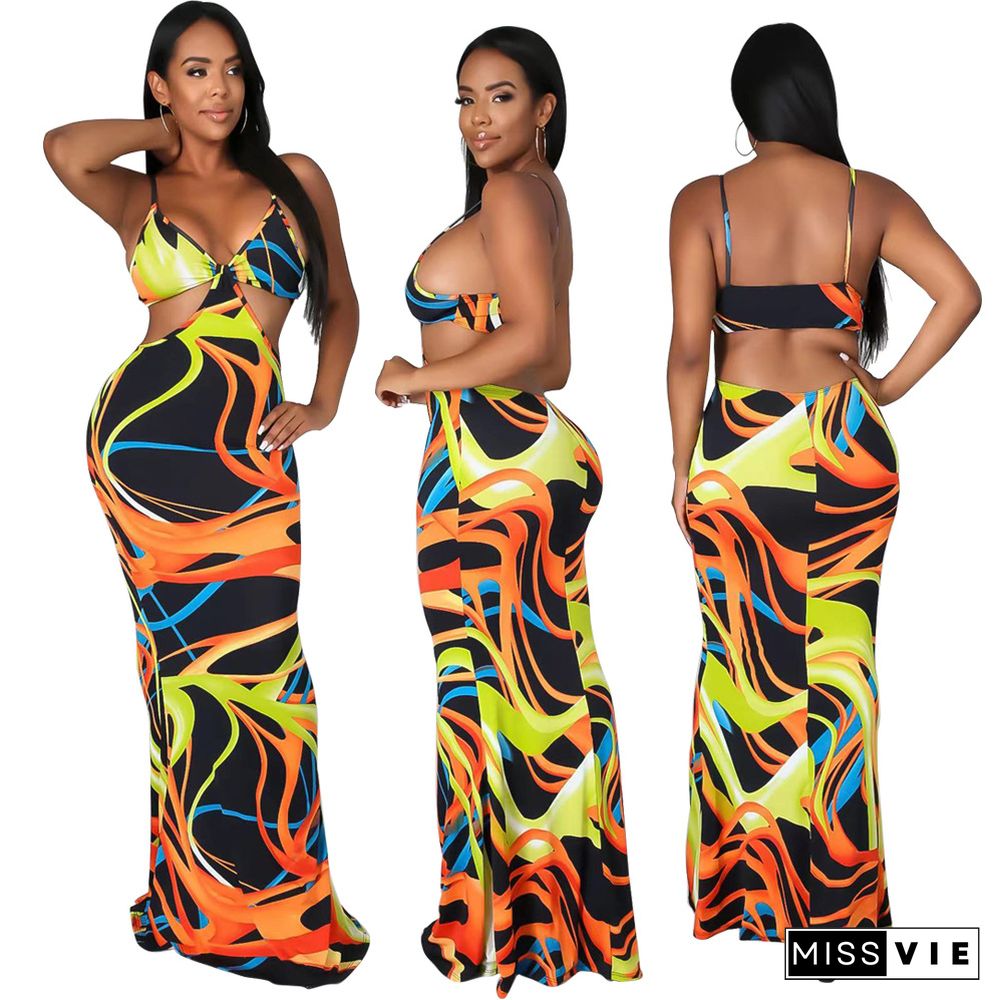 Sexy Tie Dye Sleeveless Spaghetti Straps V-Neck Hollow Out Stretchy Streetwear Bodycon Maxi Dresses