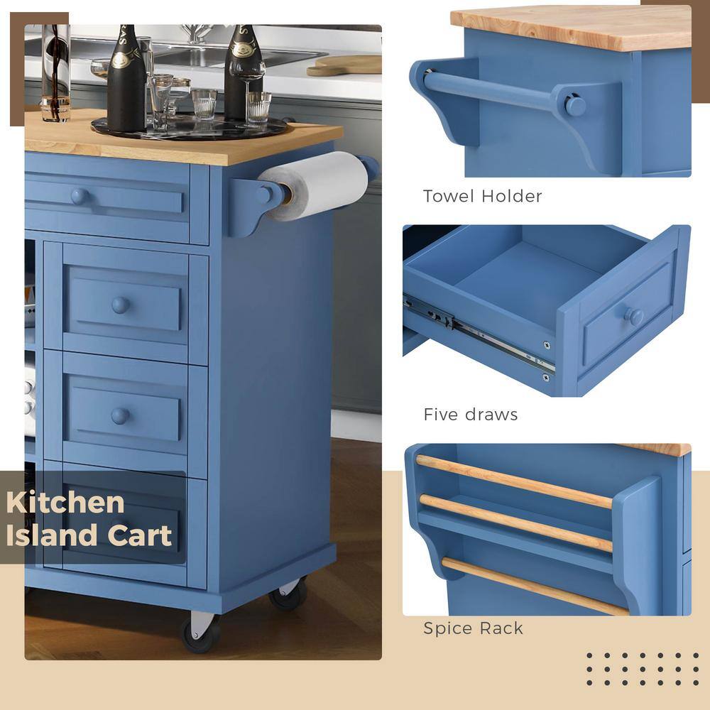 Blue Rubber Wood Desktop 53 in. W Kitchen Island on 5-Wheels with Storage and 5-Drawers MMuunea-01