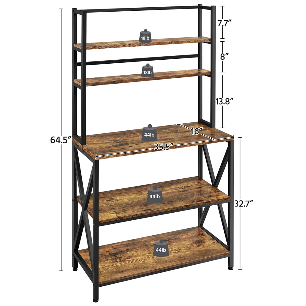 Yaheetech 5-Tier Baker's Rack Rustic Industrial Kitchen Storage Shelf Unit Microwave Stand with Adjustable Feet， Rustic Brown