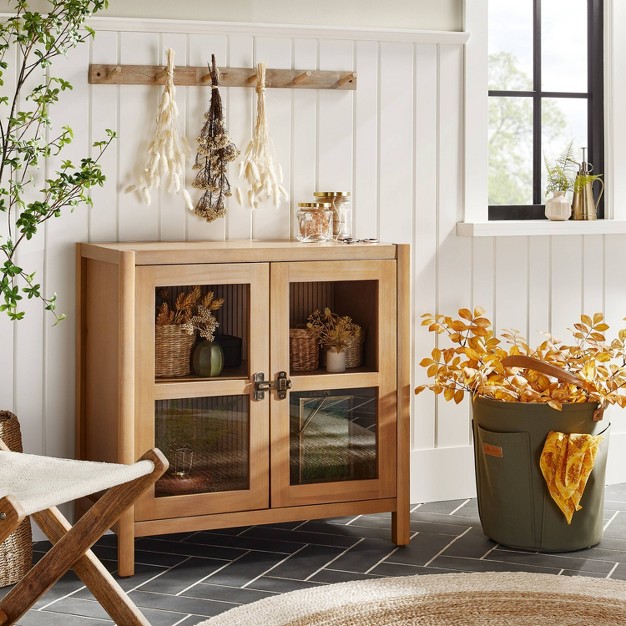 Grooved Wood With Glass 2 door Cabinet With Magnolia