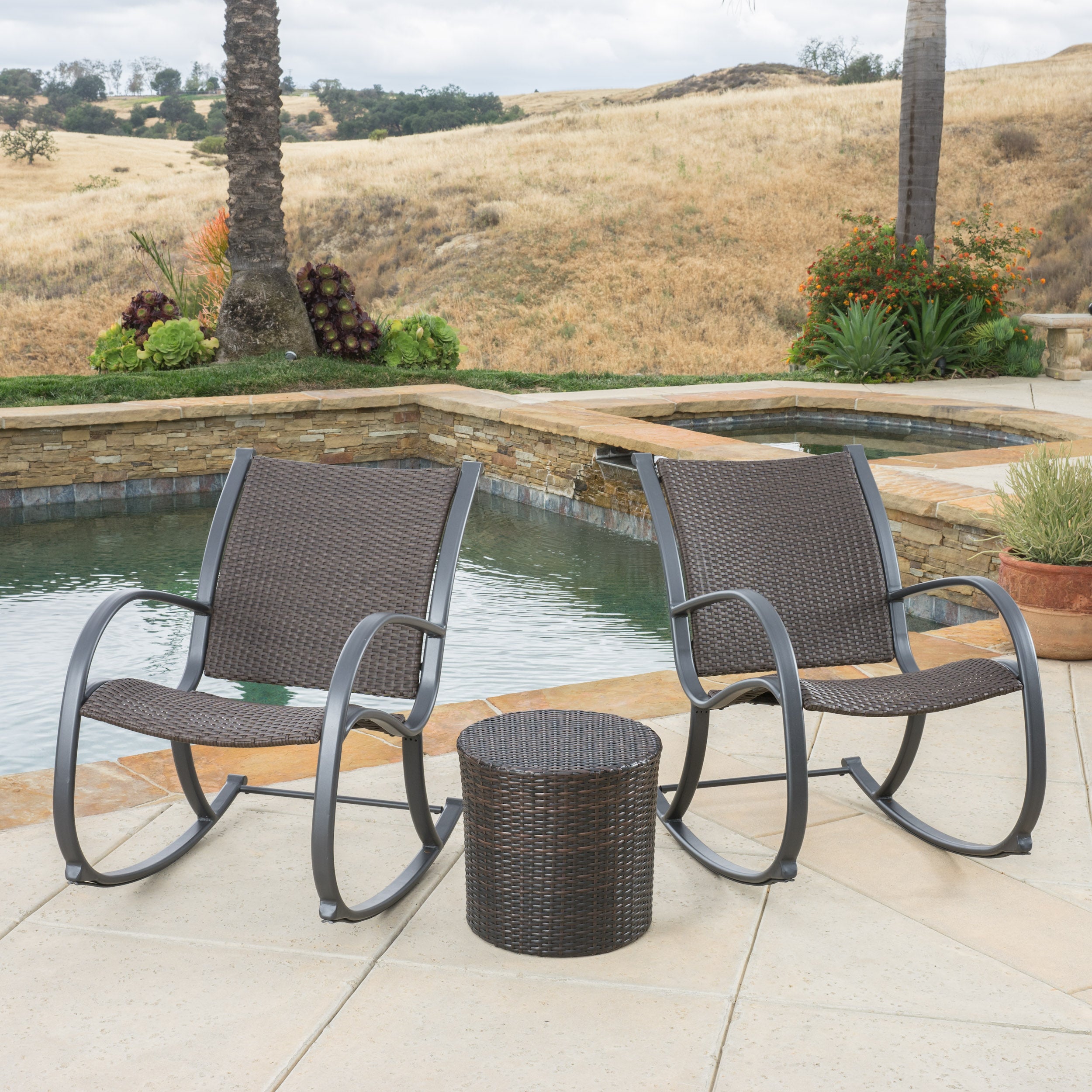 Leann Outdoor 3pc Dark Brown Wicker Rocking Chair Chat Set