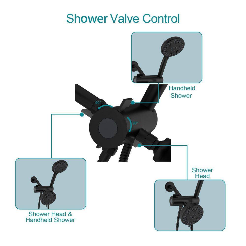 Logmey 7-Spray Patterns with 1.8 GPM 5 in. Wall Mount Dual Shower Heads with Handheld and Hose in Matte Black LM-704MB