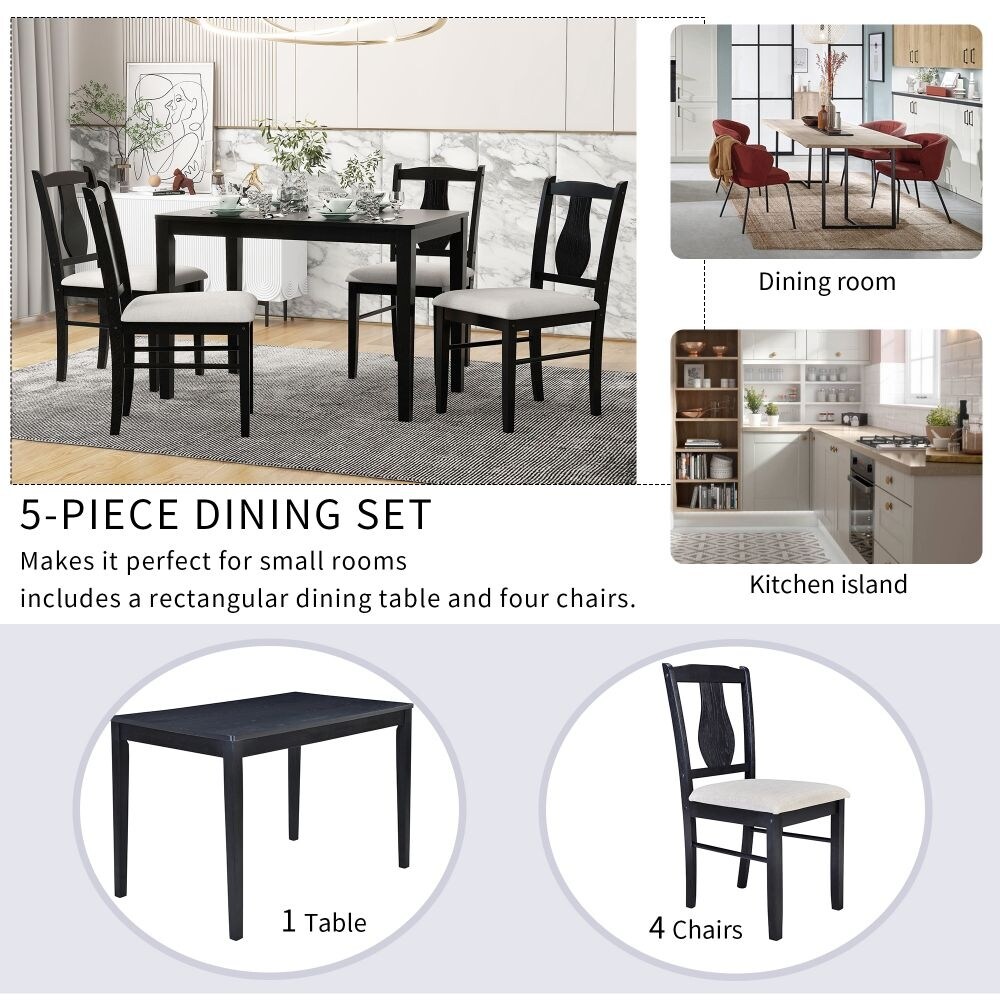 5 Piece Kitchen Dining Table Set  Wooden Rectangular Dining Table and 4 Upholstered Chairs