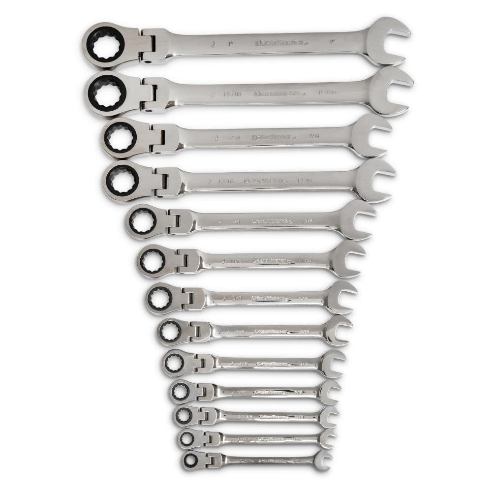 13 Pc 72-Tooth 12 Point Flex Ratcheting Combination SAE Wrench Set ;