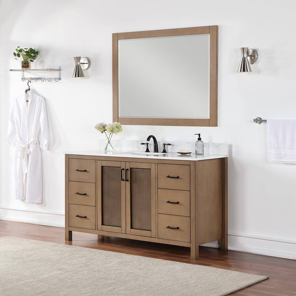 Altair Hadiya 60 in. W x 22 in. D x 34 in. H Bath Vanity in Brown Pine with Carrara White Composite Stone Top 542060S-BR-AW-NM