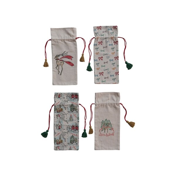 Cotton Chambray Printed Drawstring Wine Bag with Holiday Image/Pattern，Set of 4