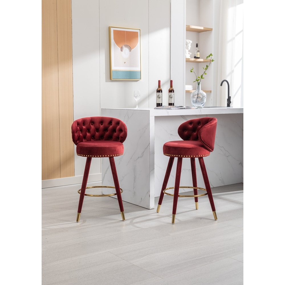 Counter Height Bar Stools Set of 2 Velvet Lounge Barstools Kitchen Armless Bar Stool w/ Tufted Back   Footrest Chair  Claret Red