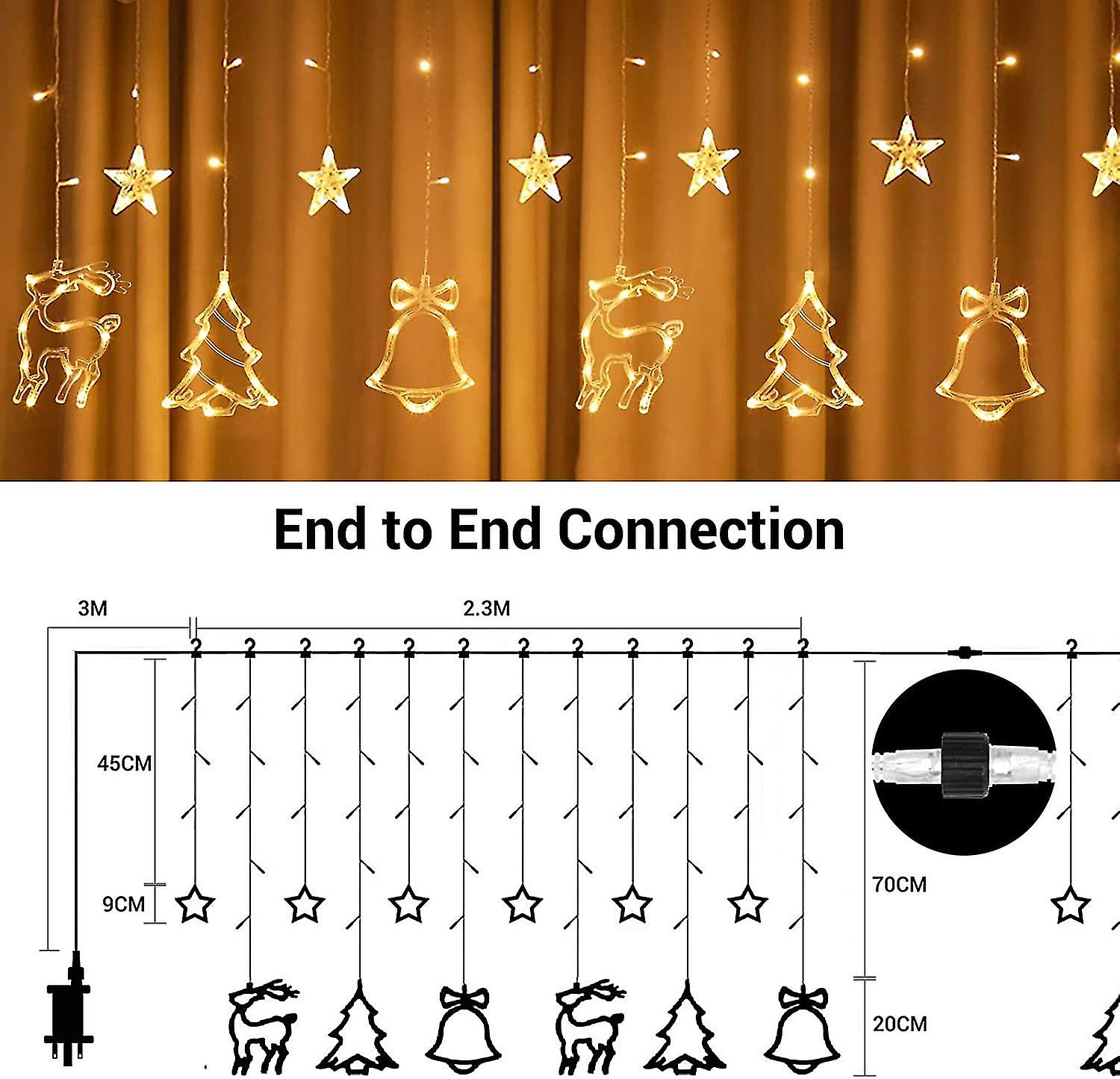 Curtain Fairy Lights， 138 Led Star Curtain String Lights With Christmas Tree Reindeer Bells 8 Flash Modes Plug-in Indoor Outdoor Decor Lightning Chris