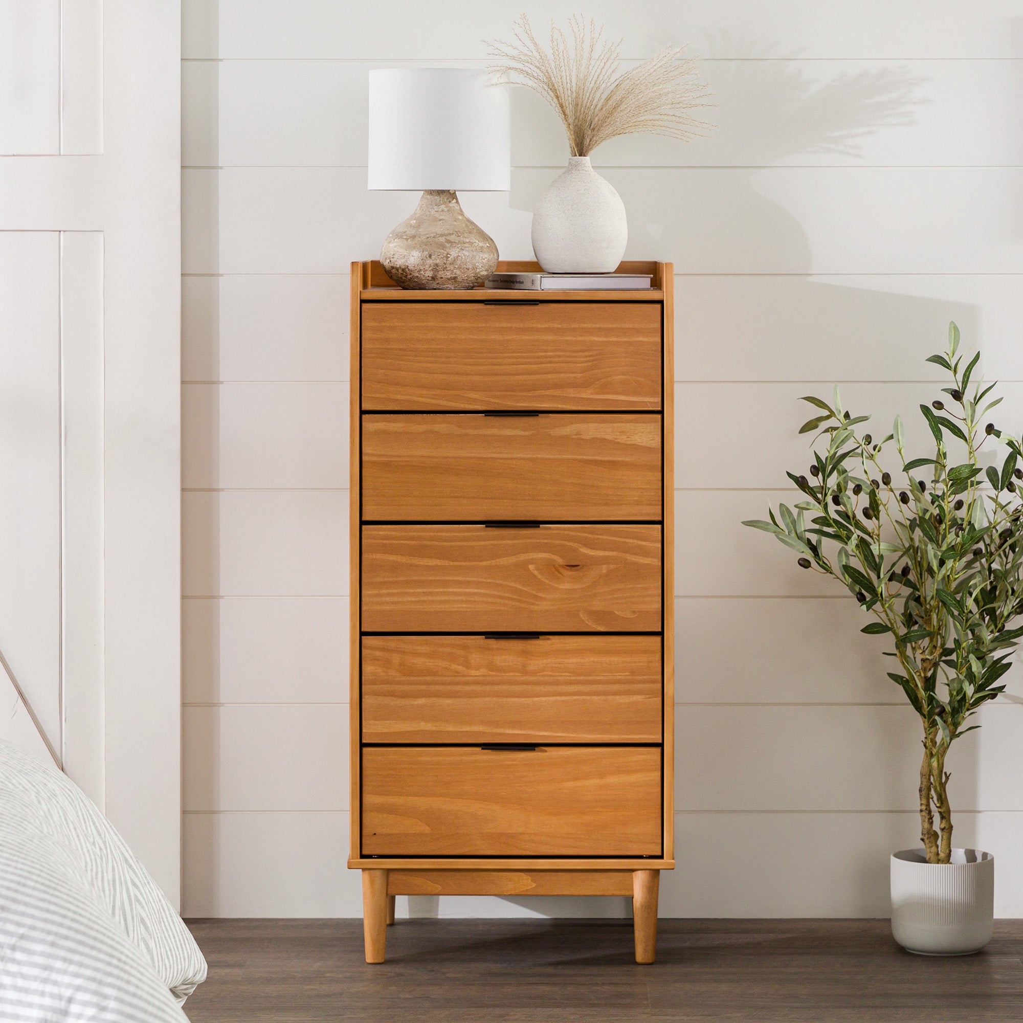 Manor Park 43” Mid-Century Modern Gallery-Top 5-Drawer Dresser, Caramel