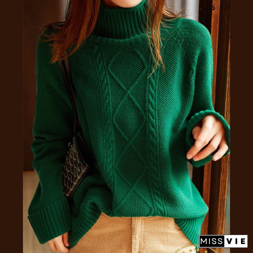 Vintage Green Clothes High Neck Spring Knitted Blouse