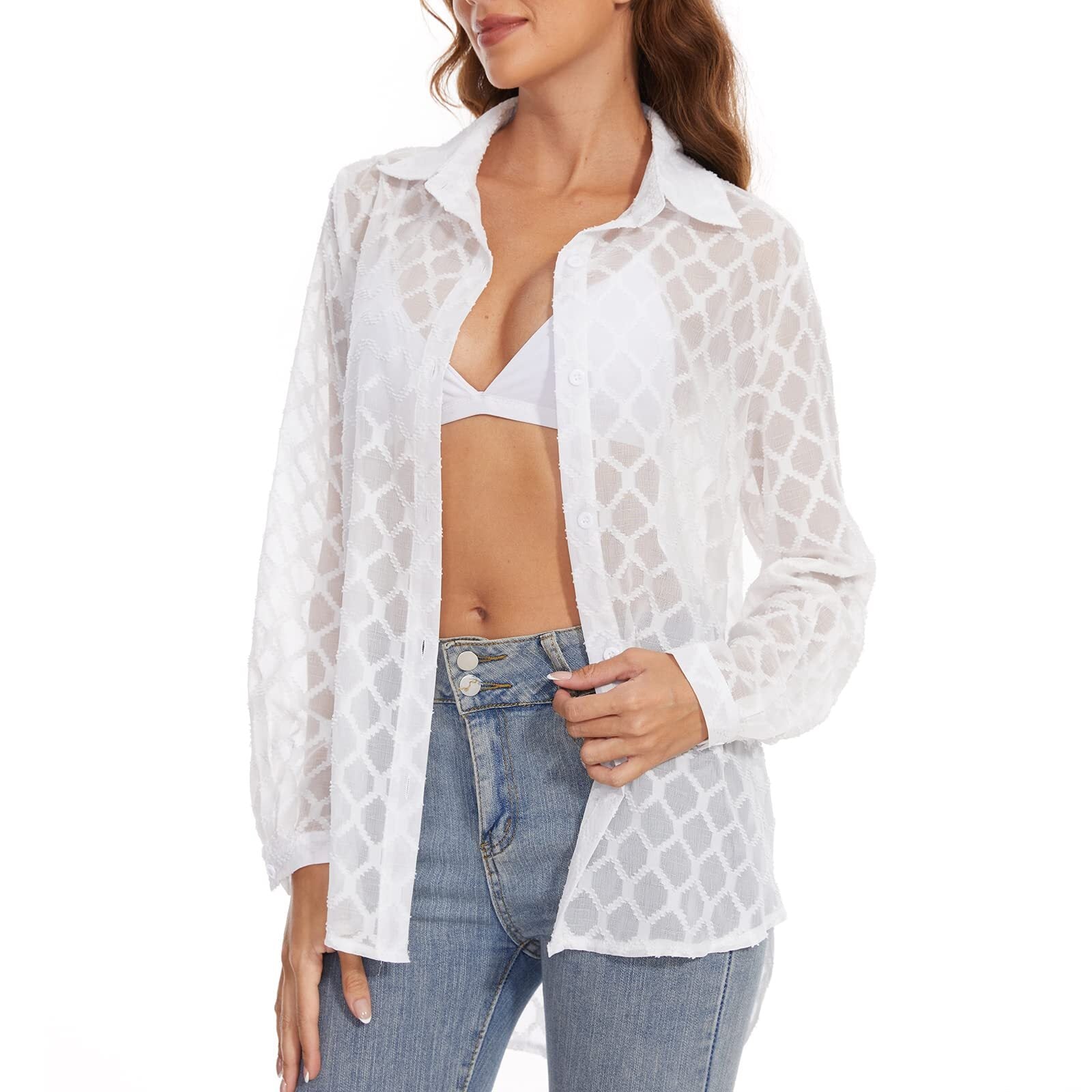 NeedBo Women's Button Down Long Sleeve V Neck Mesh Shirt See Through Sheer Blouse Tops， White L