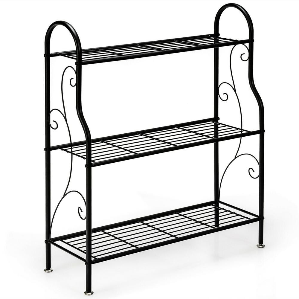 WELLFOR 33.5 in. Tall Indoor Outdoor Black Steel Plant Stand (3-Tiered) GT-HPY-3610