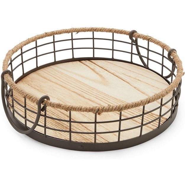 Juvale 2 Pack Round Wooden Wire Basket Trays With Handles Farmhouse Decor 2 Sizes