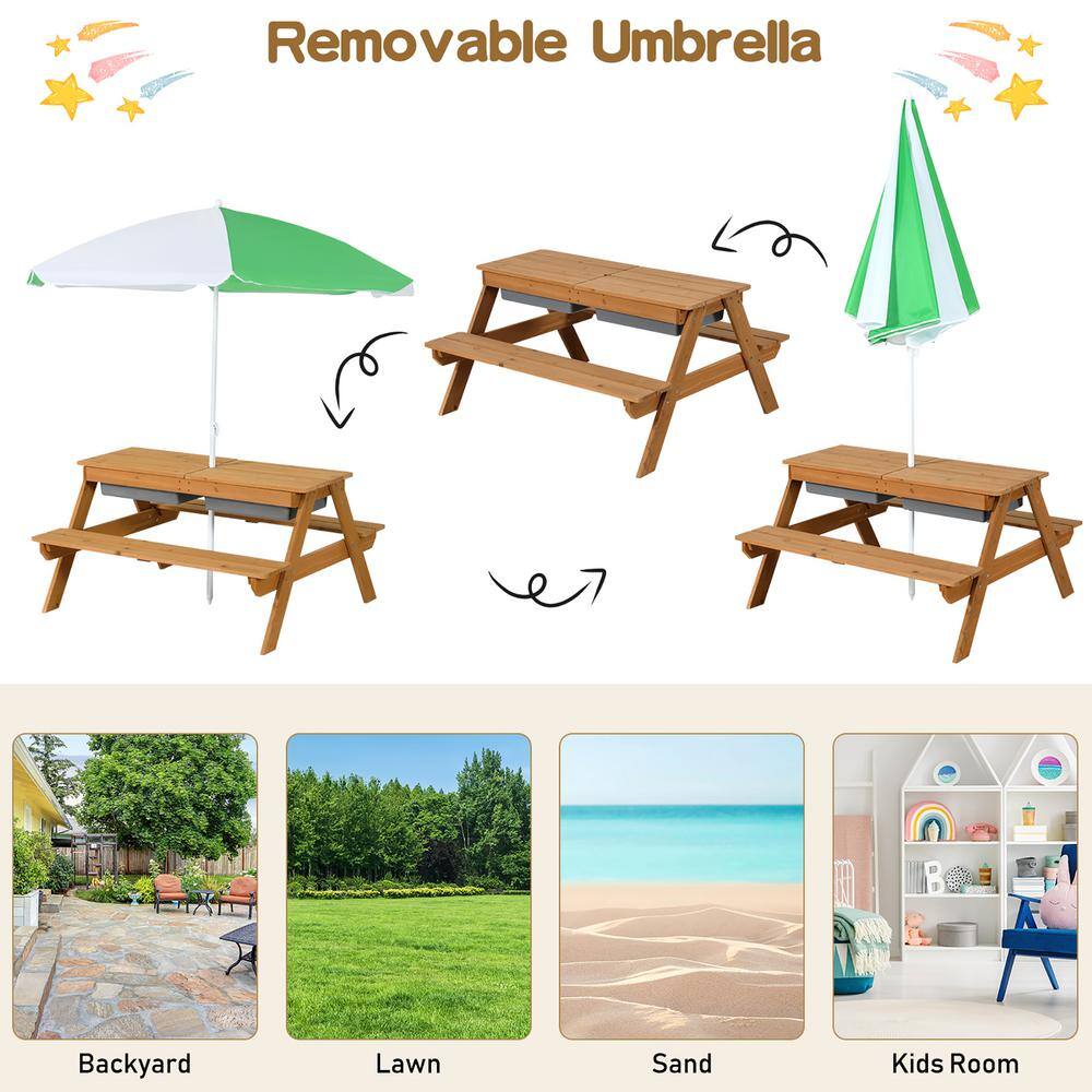 Costway 3-in-1 Kids Wood Rectangle Outdoor Picnic Table Water Sand Table with Umbrella Play Boxes HY10008