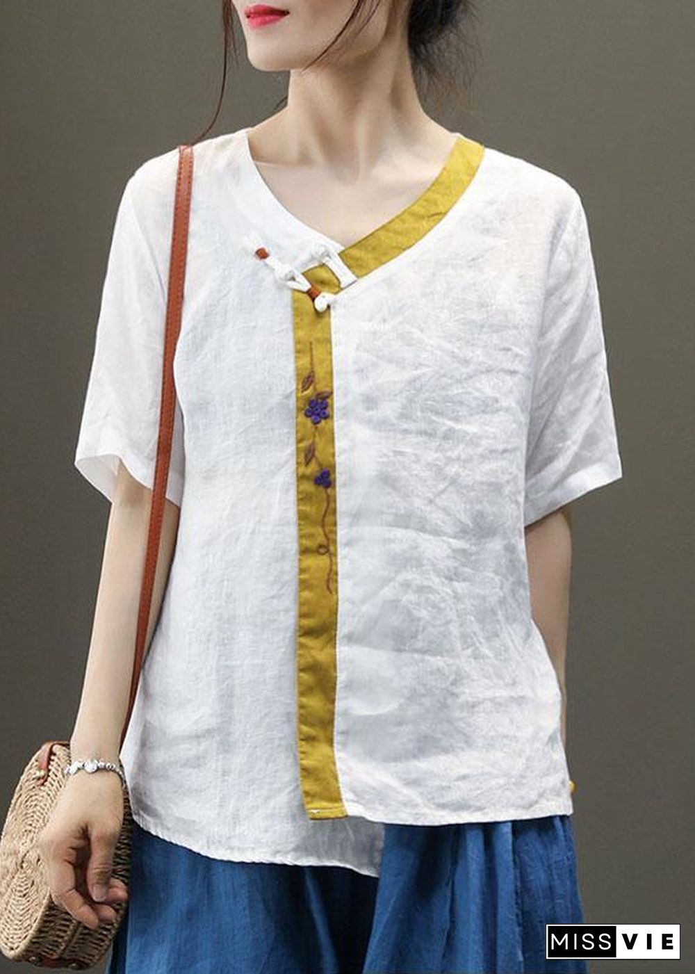 Casual Purple Embroideried Asymmetrical Design Patchwork Summer Linen Blouse Top Short Sleeve