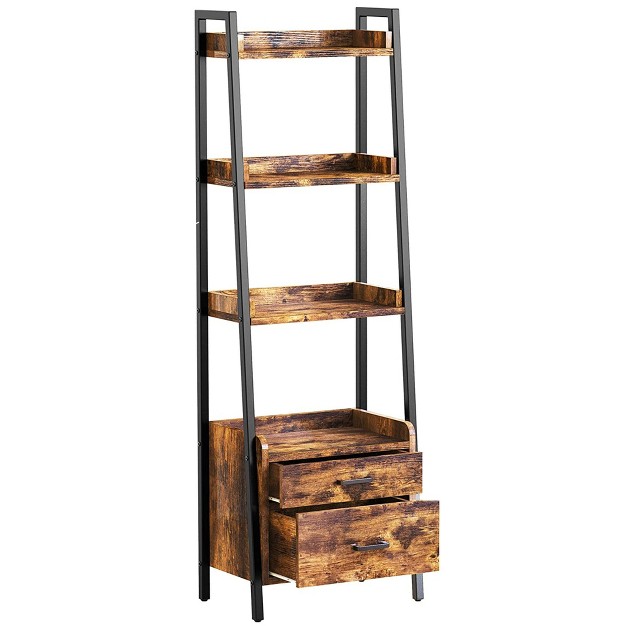 Fabato Bookshelf Bookcase W ladder Shelves Metal Frame amp 2 Organizing Drawers For Living Room Office Or Bedroom