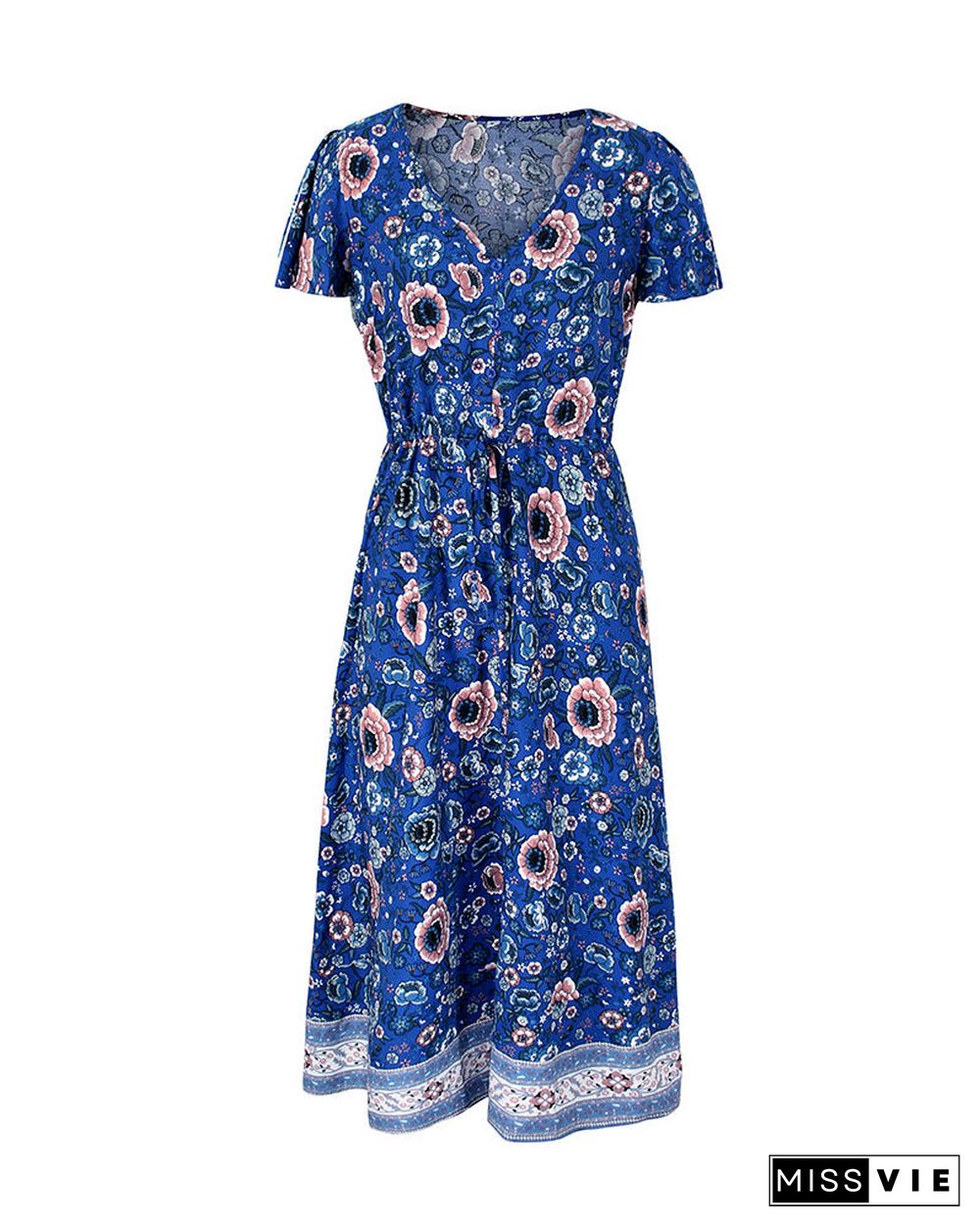 Side Split V Neck Floral Short Sleeve Maxi Dress