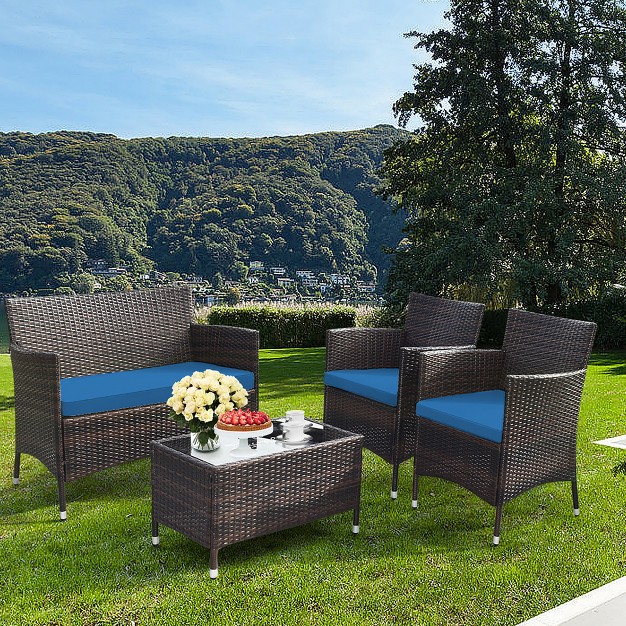 Tangkula 4pcs Patio Rattan Conversation Furniture Set Outdoor W Peacock Blue Cushion