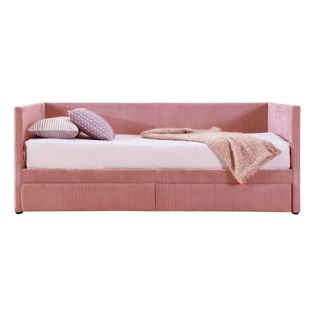 Pink Corduroy tufted Daybed Twin Frame w/ 2 Drawers No Box Spring Needed Wood Slat Support Bed Frame Noble Storage Bed Design