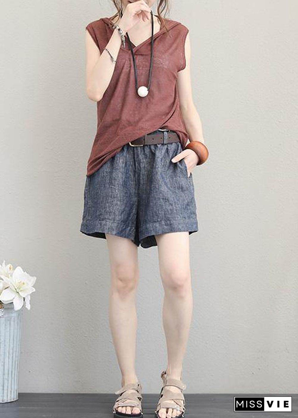 Organic brown cotton clothes For Women sleeveless short hooded blouse